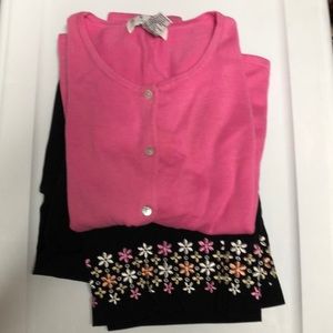 Pink Cardigan & black rayon embroidered capris